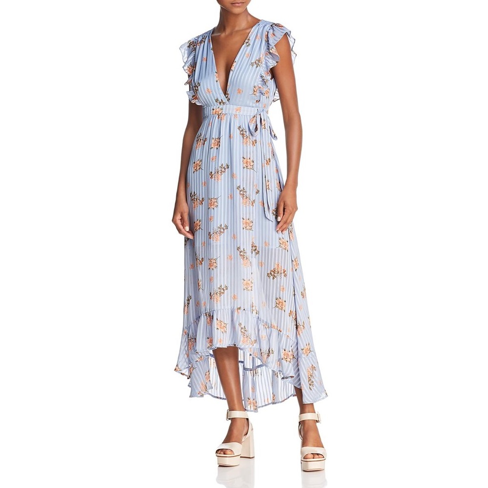 ASTR Lila Floral Wrap Maxi Dress Blue Striped